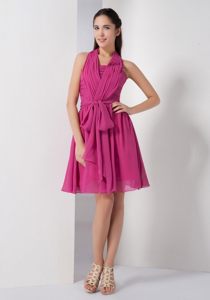 Halter Top A-line Chiffon Dama Dress for Quinceanera in Fuchsia Color