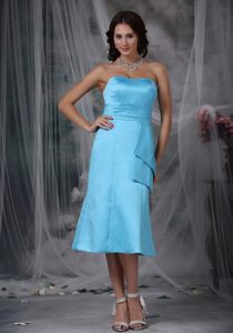 Strapless Aqua Blue Taffeta 2014 Tea-length Ruched Dama Dress