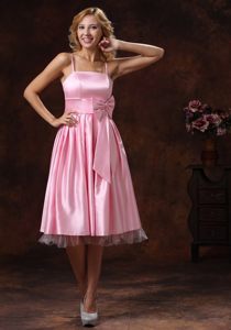 Sashed Baby Pink Tea-length Prom Dress With Spaghetti Straps