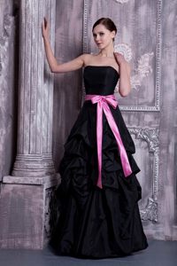Black A-line Taffeta Strapless Dama Dress with Sash and Pick-up