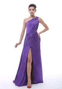 Purple One Shoulder High Slit Prom Evening Dress with Cutout Back