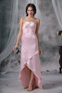 Pretty V-neck High-low Baby Pink Prom Evening Dress with Beading