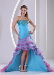 Aqua Blue High-low Prom Gown Dress with Beading and Ruffled Layers