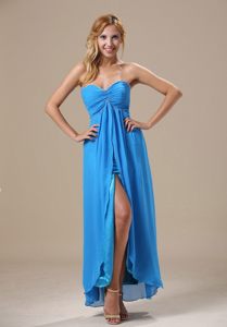 Ruched Blue Sweetheart Chiffon Prom Gown Dress of Ankle Length