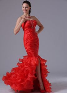 Beaded and Ruched Red Mermaid Prom Gown Dress with Ruffled Layers