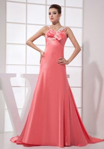 Straps Beading Prom Formal Dress with Brush Train and Handmade Flowers