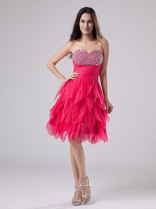 Sweetheart Beaded Coral Red Knee-length Ruffled Prom Cocktail Dress