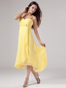 Straps Beading and Ruches Yellow Prom Dress With Asymmetrical Hem