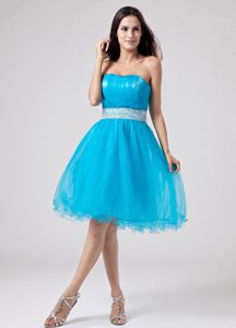 Teal Strapless Beading Ruches Organza Mini-length Senior Prom Dress