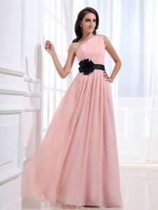 Beaded One Shoulder Black Sash Ruched Baby Pink Chiffon Prom Dress