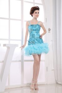 Aqua Blue Straps Appliques Mini-length Prom Celebrity Dress with Ruffles