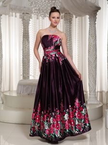 Printed Burgundy Strapless Floor Length Prom Dresses with Ruches