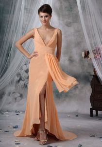 Empire V-neck Slitted Light Orange Prom Dress in Gloucestershire