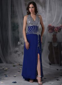 Popular Backless Halter Top Slitted Blue Sequins Dress for Prom