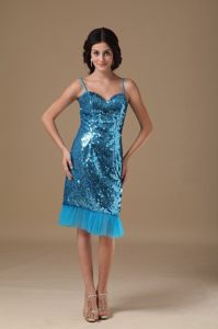 Spaghetti Straps Sequins Knee-length Blue Prom Dress on Discount