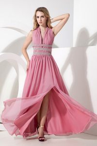 Empire Halter Ruched Slitted Rose Pink Prom Evening Dresses
