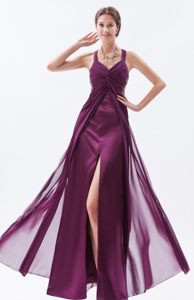 Soft and Feminine Straps Ruched Slitted Dark Purple Prom Dress