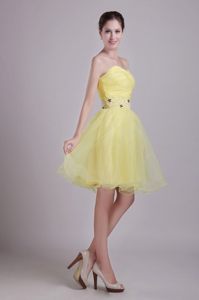 Beaded Bodice A-line Organza Prom Evening Dress in Light Yellow