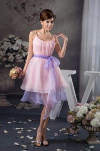 Ruching and Sash Accent Organza Baby Pink Straps Dress for Prom