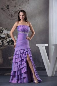 Strapless Beaded Slitted Purple Prom Dress with Ruffled Layers