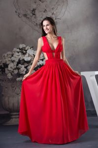 2014 Sexy Chiffon V-neck Red Prom Party Dress with Cutouts