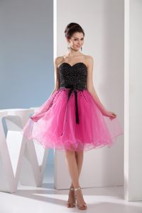 Beading and Sash Accent Organza Senior Prom in Hot Pink and Black