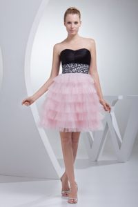 Beautiful Baby Pink and Black Ruffled Mini Prom Evening Dress