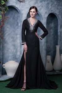 Special Long Sleeves V-neck Backless Black Dress for Prom