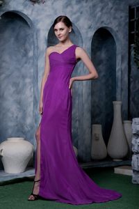 Chiffon one Shoulder Beaded Eggplant Purple Long Prom Dress