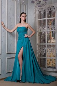 Elegant Court Train High Slitted Ruched Teal Prom Dress for Girls