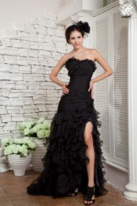 Multi-tiered Black Prom Pageant Dresses Strapless with Slit on the Side