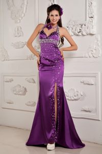 Halter Top High Slit Dresses for Prom Night Beading with the Back out