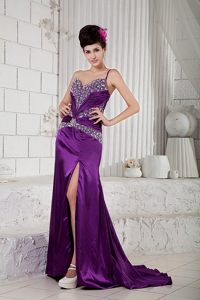 One Shoulder High Slit Prom Cocktail Dress Beading with Brush Train