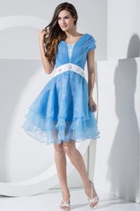 Baby Blue Short Sleeves V-neck Prom Dress With Embroidery and Ruching