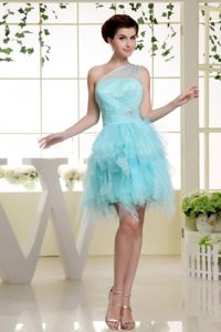 Asymmetrical One Shoulder Prom Dress in Baby Blue With Ruffles