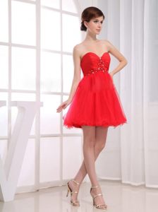 Beading Sweetheart Tulle Red Prom Dress with Mini-length and A-Line