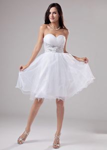 White Ruching Sweetheart Beaded Waist A-Line Prom Dress in Organza