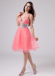 Paillette Waistband V-neck Straps A-Line Prom Dress in Watermelon