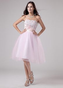 Pink A-Line Strapless Tulle Tea-length Prom Dress with Lace and Beading