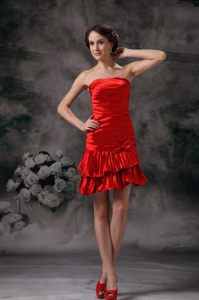 Taffeta Column Strapless Ruched Red Prom Holiday Dress 2014