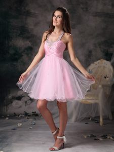 Plus Size Halter Top Puffy Beaded Pink Mini Prom Gown Dress