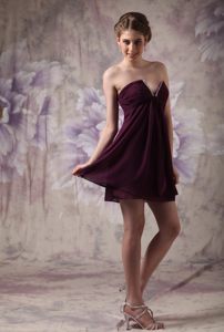 Modest V-neck Chiffon Beading Dark Purple Mini-length Prom Dress