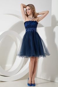 Navy Blue A-line Beading Strapless Knee-length Organza Prom Dress