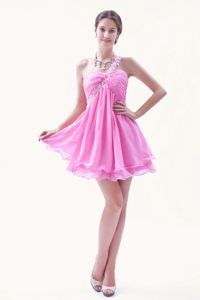 Rose Pink One Shoulder Crossed Princess Beading Mini Prom Dress