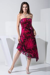 Printing Strapless Asymmetrical Prom Party Dress in Black and Red