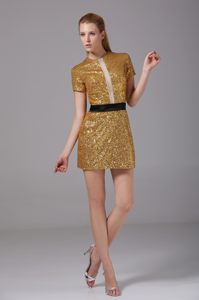 Short Sleeve Bateau Neck Sequin Mini Prom Nightclub Dress in Gold