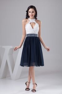 White and Navy Blue Halter Prom Cocktail Dress with Sector Front