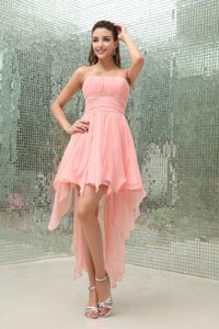 Strapless Baby Pink Beaded Prom Dress with Asymmetrical Ruffles