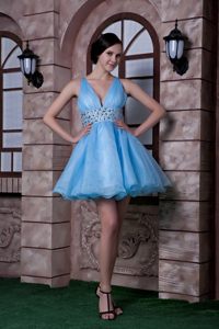 Florida Aqua Blue Organza V-neck Mini Prom Dress with Beadings