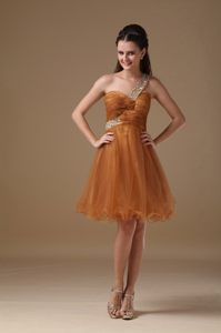 One Shoulder Brown Mini-length A-line Organza Beaded Prom Dress